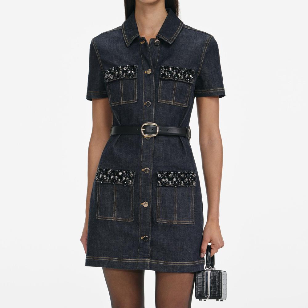 SP VIP PRICE Indigo Denim Crystal Trim Mini Dress