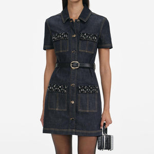 SP VIP PRICE Indigo Denim Crystal Trim Mini Dress