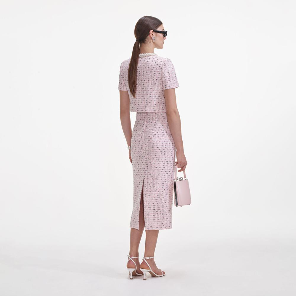 SELF PORTRAIT SS25 VIP PRICE Pink Boucle Pearl Midi Skirt