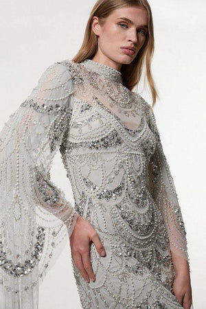 Karen Millen UK SALE Premium Beaded Embellished Woven Midaxi Cape Dress