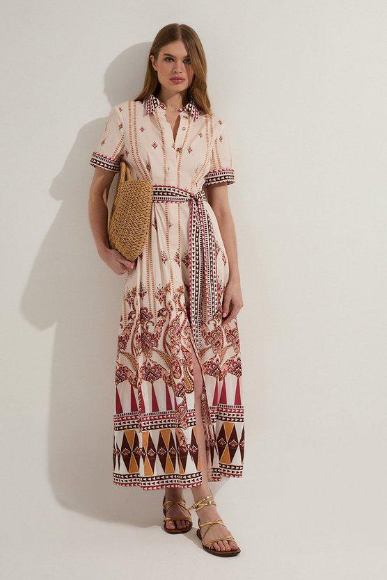 Karen Millen UK SALE Cotton Sateen Placed Print Woven Midi Shirt Dress