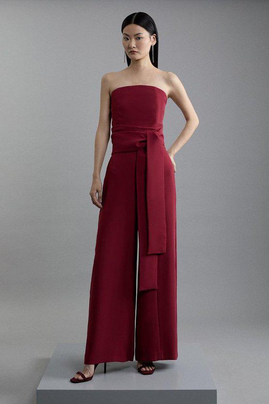 Karen Millen UK SALE Soft Tailored Colourblock Tailored Bandeau Jumpsuit - merlot