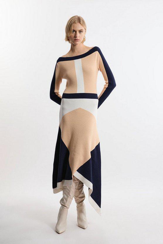 Karen Millen UK SALE Viscose Blend Knit Asymmetric Colour Block Dress - neutral