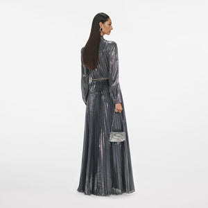 SP VIP PRICE Grey Metallic Tie Neck Maxi Dress