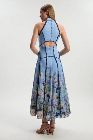 Karen Millen UK SALE Trailing Floral Woven Halter Neck Maxi Dress