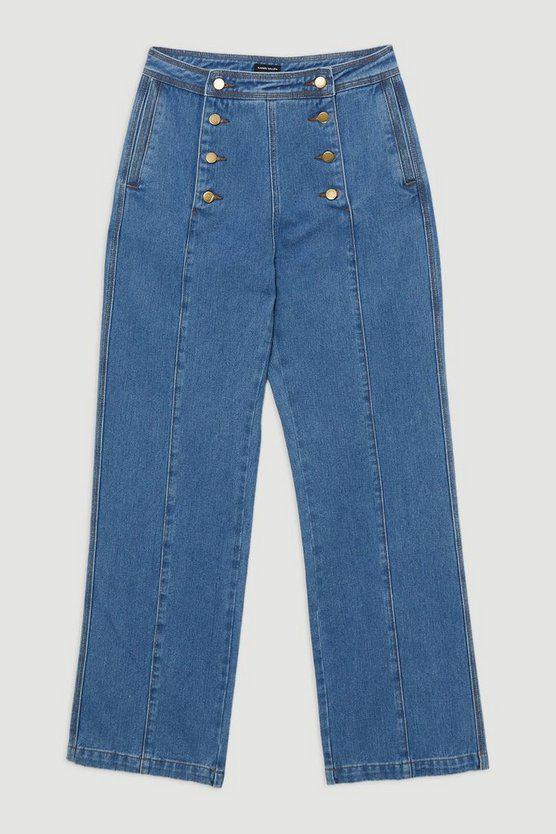 Karen Millen UK SALE Denim Tailored Button Front Straight Leg Jeans - mid blue