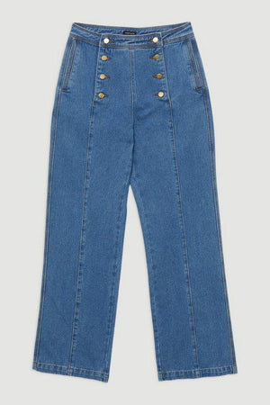 Karen Millen UK SALE Denim Tailored Button Front Straight Leg Jeans - mid blue