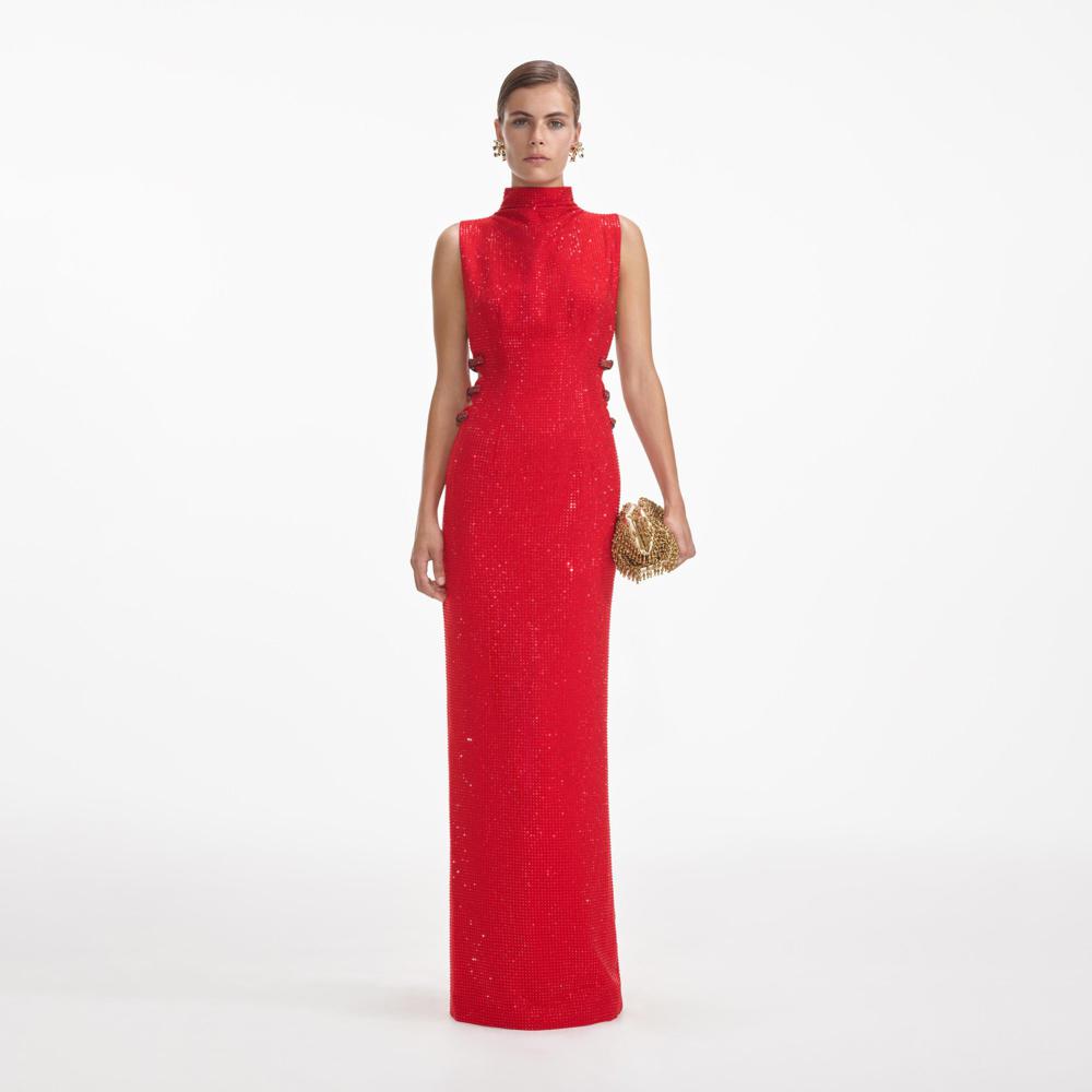 SELF PORTRAIT SS24 Red Rhinestone Crepe Maxi Dress