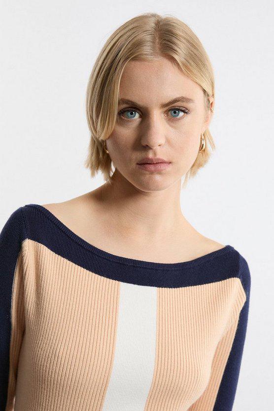 Karen Millen UK SALE Viscose Blend Knit Asymmetric Colour Block Dress - neutral