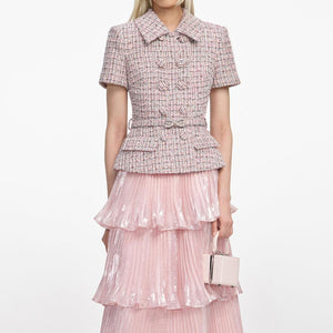 SP VIP PRICE Pink Boucle Metallic Tiered Midi Dress