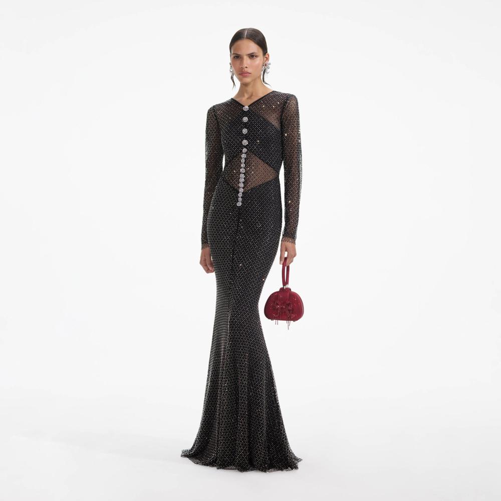 SELF PORTRAIT SS24 Black Rhinestone Fishnet Crossover Maxi Dress