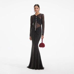 SELF PORTRAIT VIP SS24 Black Rhinestone Fishnet Crossover Maxi Dress