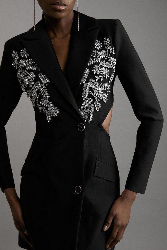 Karen Millen UK SALE Embellished Figure Form Bandage Cut Out Back Blazer Dress - black