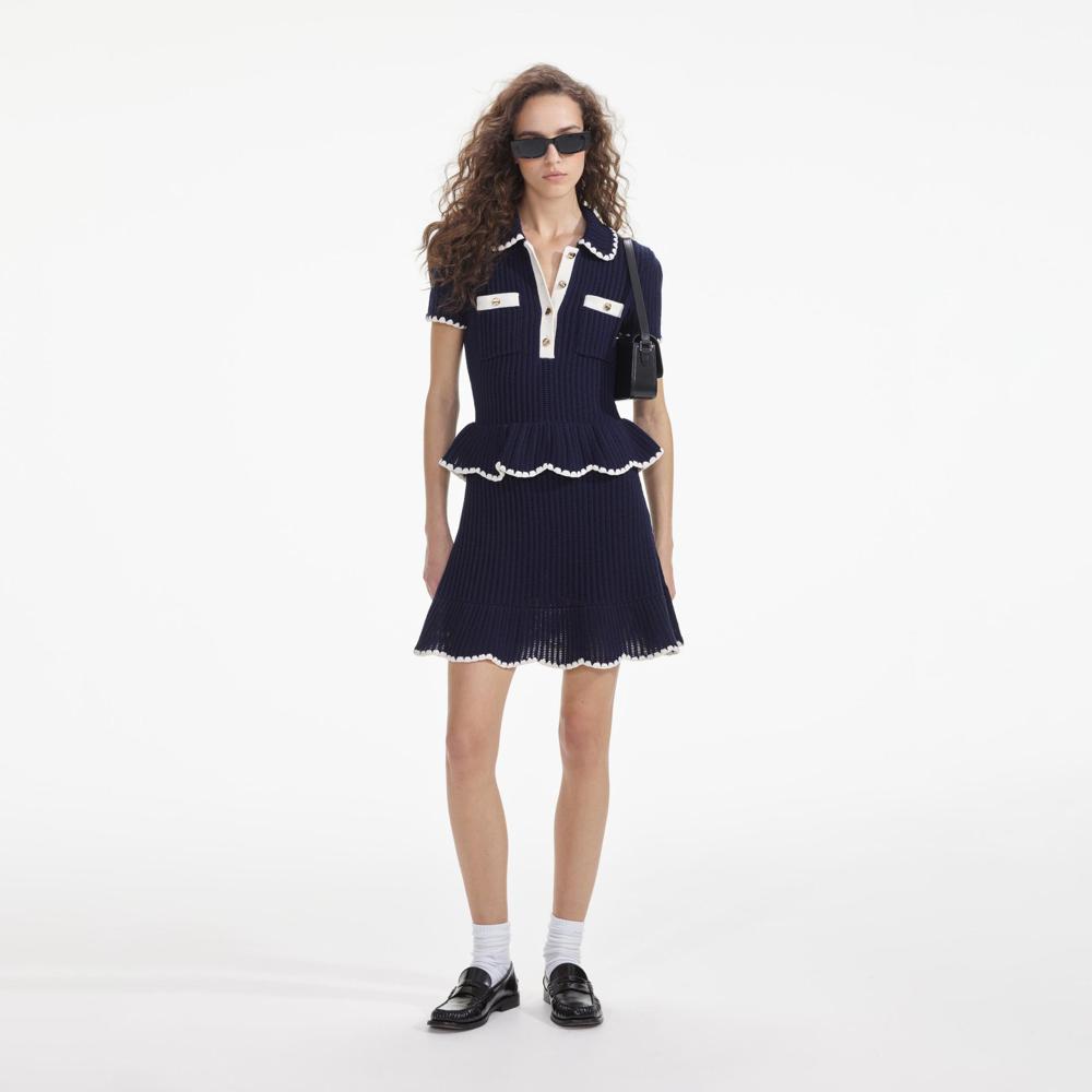 SELF PORTRAIT SS24 Navy Crochet Flared Mini Dress