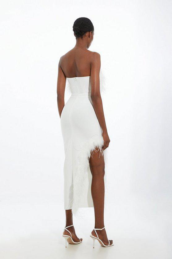 Karen Millen UK SALE Figure Form Bandage Feather Detail Bandeau Knit Midi Dress - ivory