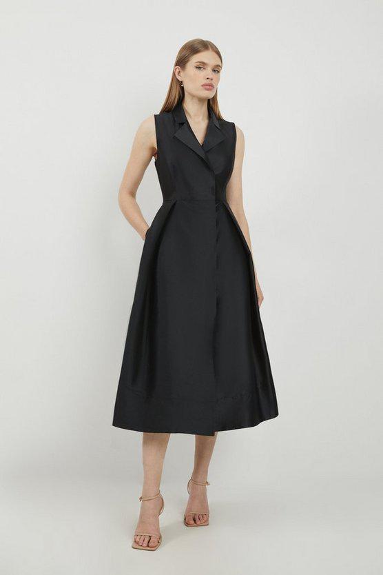 Karen Millen UK SALE Lydia Millen Taffeta Full Skirt Tailored Wrap Shirt Midaxi Dress - black