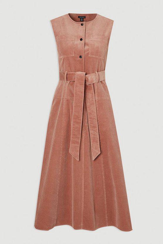 Karen Millen UK SALE Stretch Cord Belted Midi Dress - pink