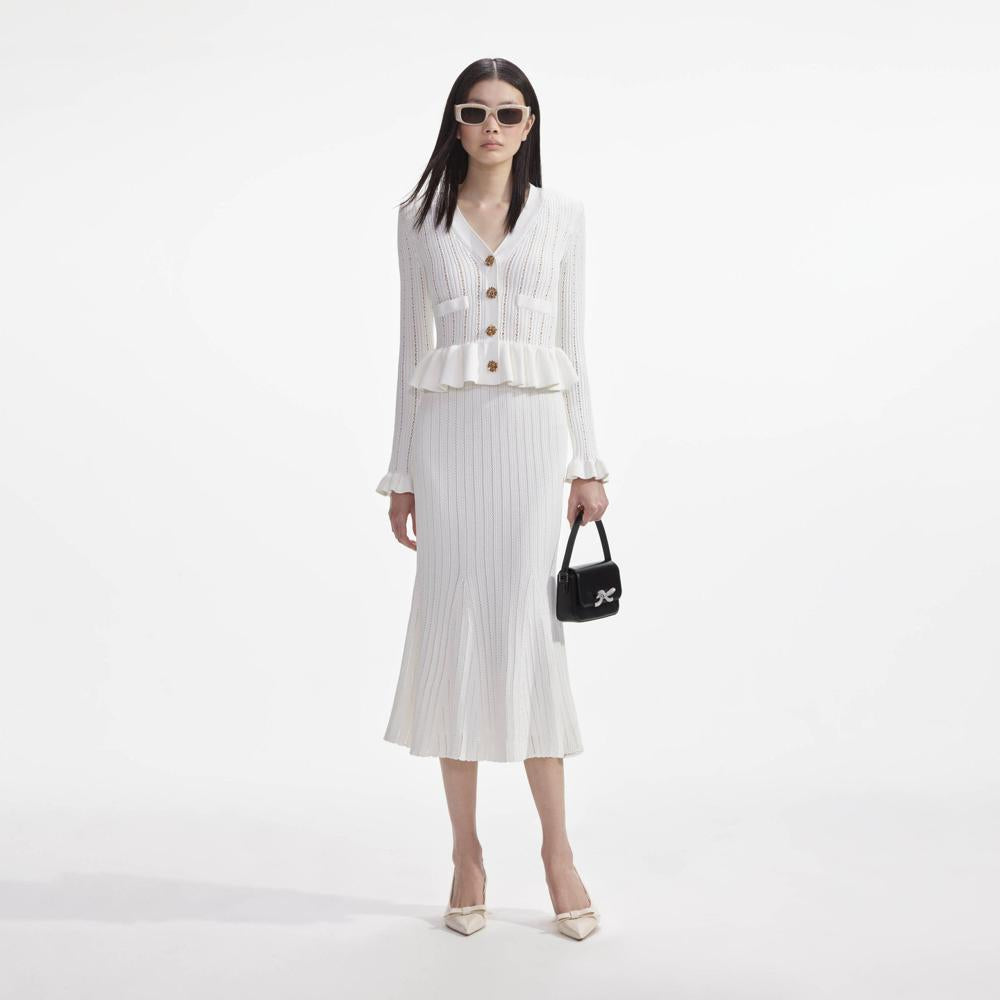 SELF PORTRAIT SS24 White Knit Peplum Midi Dress