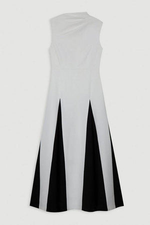Karen Millen UK SALE Compact Stretch Tailored Colour Block Full Skirted Midi Dress - ivory
