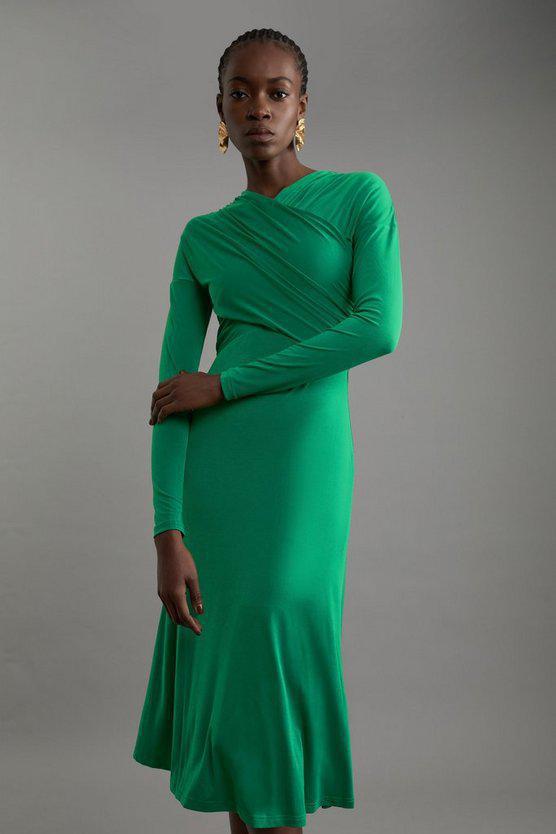Karen Millen UK SALE Ruched Jersey Crepe Midi Dress - green