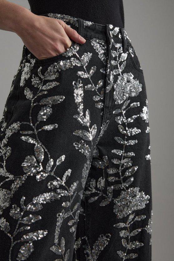 Karen Millen UK SALE Denim All Over Floral Sequin Wide Leg Trousers - black