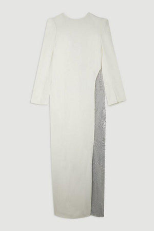 Karen Millen UK SALE Viscose Woven Panelled Crystal Mesh Maxi Dress - ivory