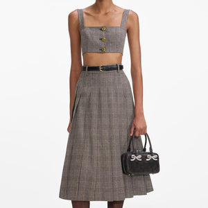 SELF PORTRAIT SS24 Brown Check Pleated Midi Skirt