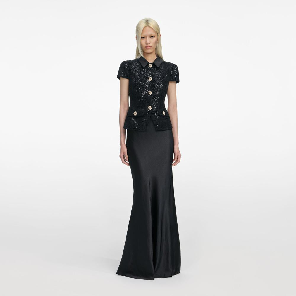 SP VIP PRICE Black Sequin Boucle Satin Maxi Dress