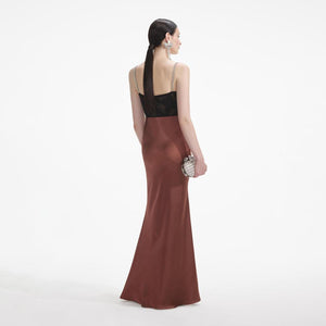 SELF PORTRAIT SS24 Brown Satin Diamante Maxi Dress