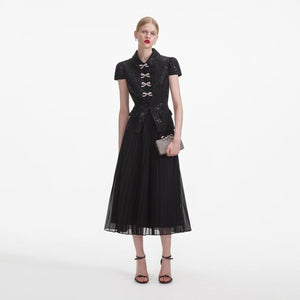 SELF PORTRAIT SS24 Black Boucle Bow Midi Dress