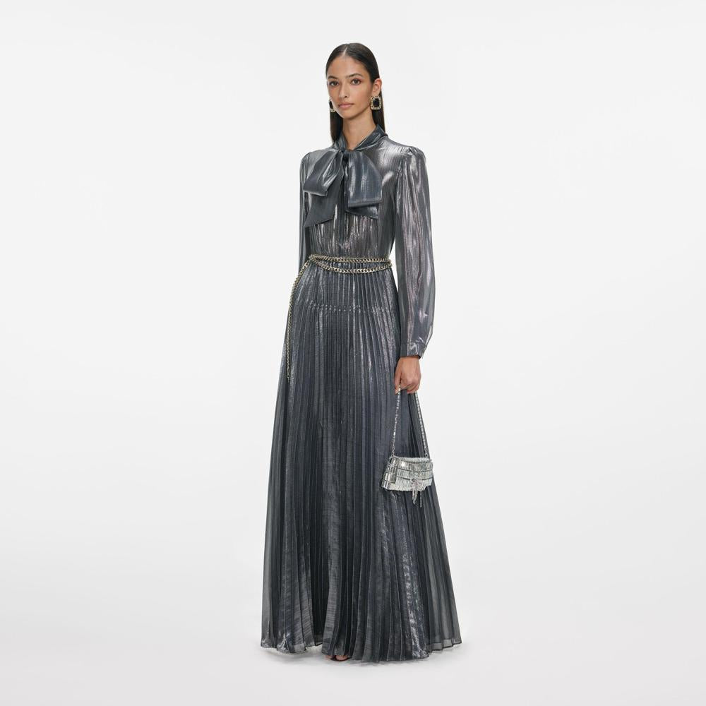 SP VIP PRICE Grey Metallic Tie Neck Maxi Dress