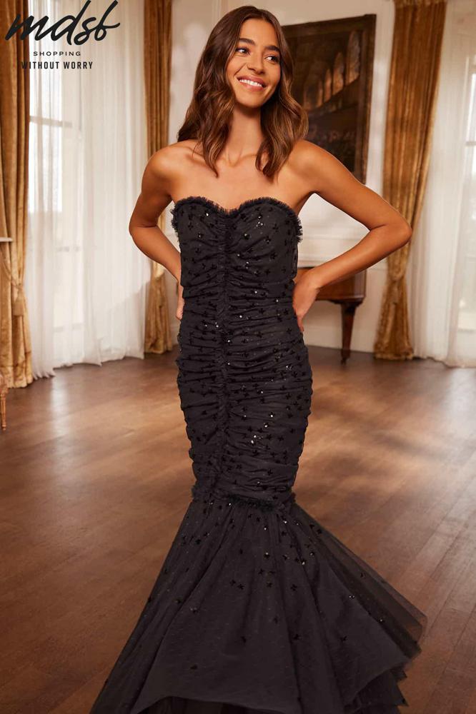 Needle & Thread PO and SALE Scatter Sequin Strapless Ankle Gown - black