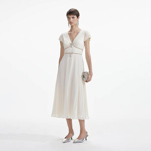 SELF PORTRAIT SS24 Cream Chiffon Pleated Midi Dress