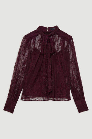 Karen Millen UK SALE Sheer Lace Balloon Sleeve Bow Detail Blouse - wine