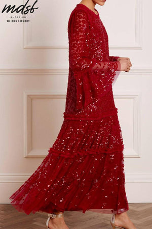 Needle & Thread CHRISTMAS SALE Annie Sequin Tiered Ankle Gown - red