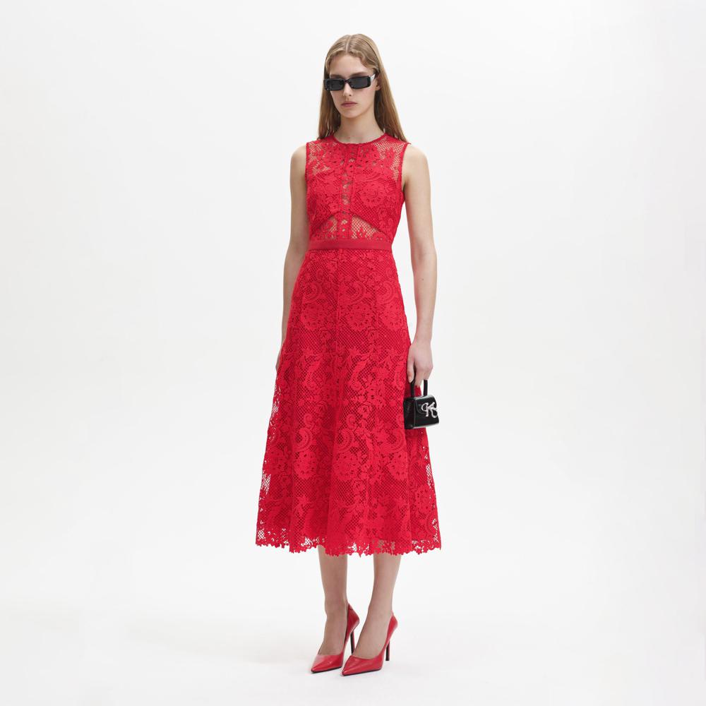 SELF PORTRAIT BLACK FRIDAY SALE Red Lace High Neck Midi Dress