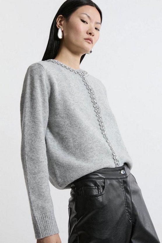 Karen Millen UK SALE Embellished Trim Cosy Knit Cardigan - grey