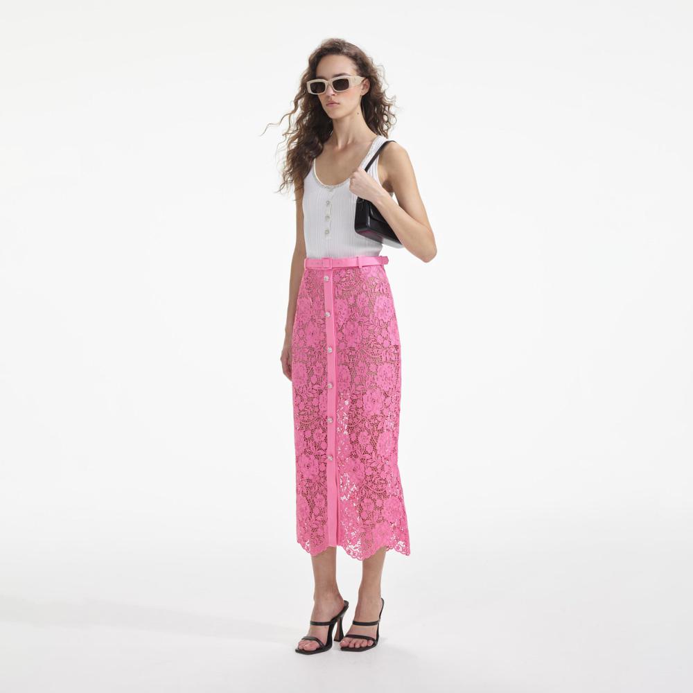 SELF PORTRAIT SS24 Pink Lace Midi Skirt