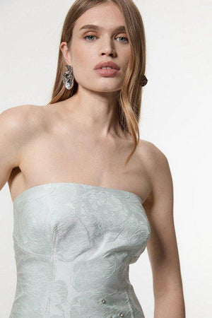 Karen Millen UK SALE Texture Jacquard Crystal Embellished Strapless Mini Dress - sage