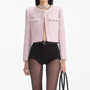 SELF PORTRAIT SS24 Pink Boucle Pearl Trim Jacket