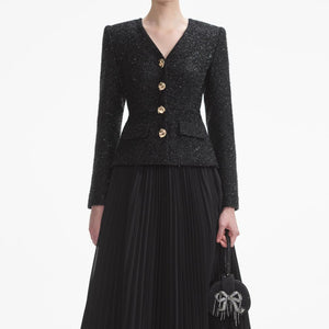 SELF PORTRAIT SS24 Black Tinsel Boucle Chiffon Midi Dress