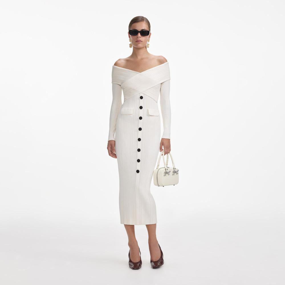 SELF PORTRAIT VIP SS24 Cream Off Shoulder Knit Midi Dress