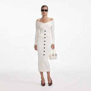 SELF PORTRAIT SS24 Cream Off Shoulder Knit Midi Dress