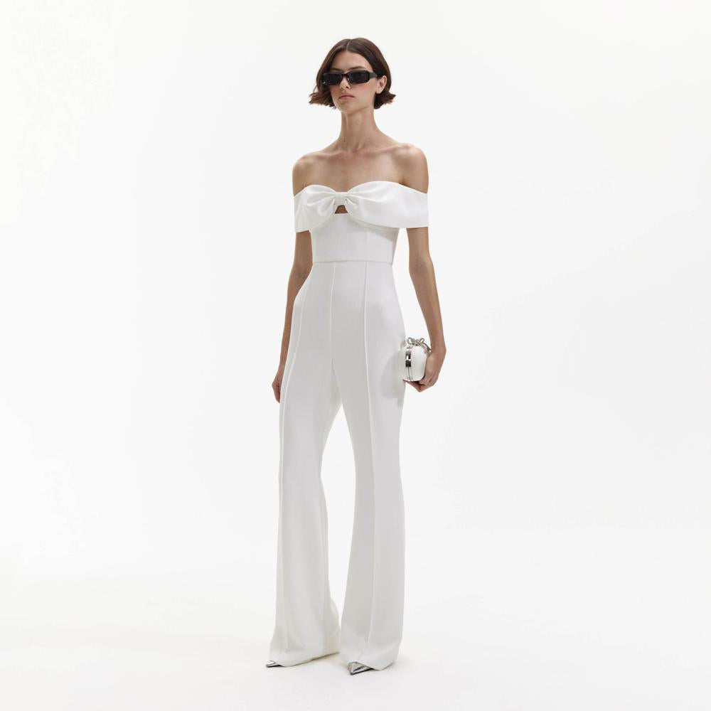 SELF PORTRAIT BLACK FRIDAY SALE White Crepe Bow Jumpsuit