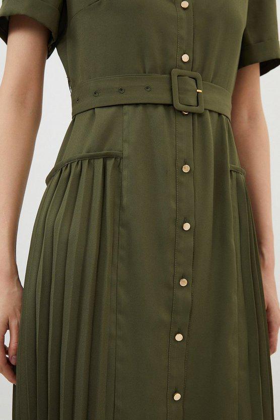 Karen Millen UK SALE Pleated Georgette Woven Midi Shirt Dress