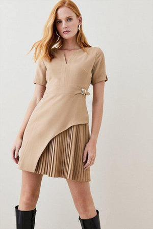 Karen Millen UK SALE Tailored Military Pleat Short Sleeve Mini Dress - camel