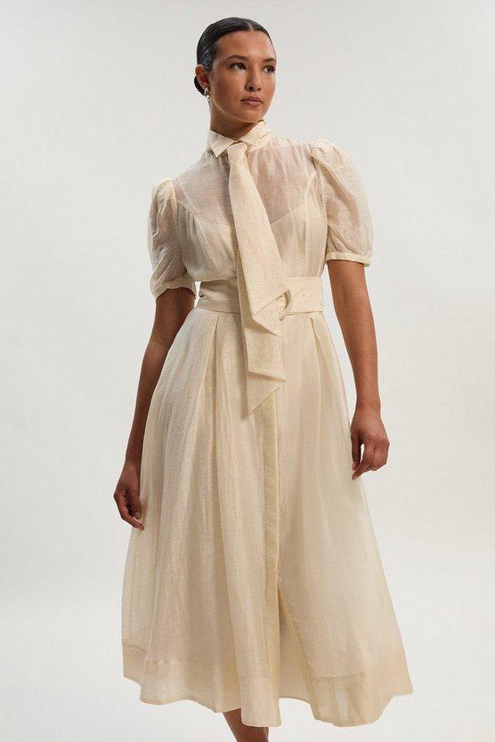Karen Millen UK SALE Organdie Tie Neck Woven Midi Dress - ivory