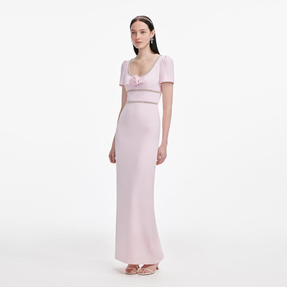 SP VIP PRICE Pink Crepe Crystal Trim Maxi Dress