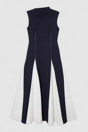Karen Millen UK SALE Compact Stretch Tailored Colour Block Full Skirted Midi Dress - navy