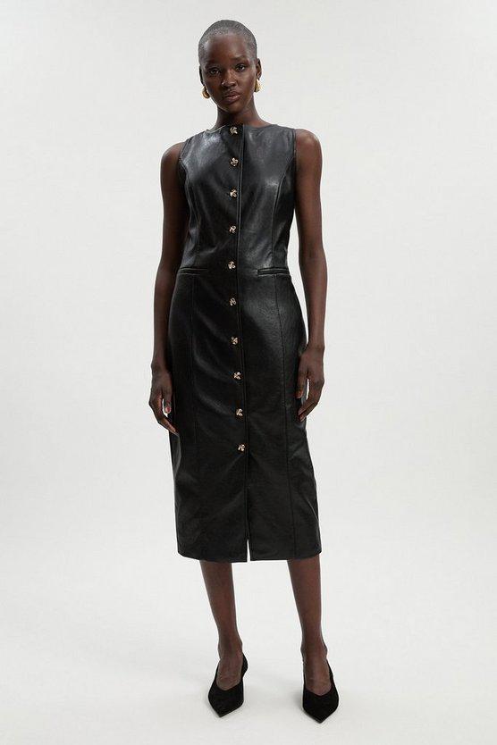 Karen Millen UK SALE Faux Leather Button Detail Midi Pencil Dress - black